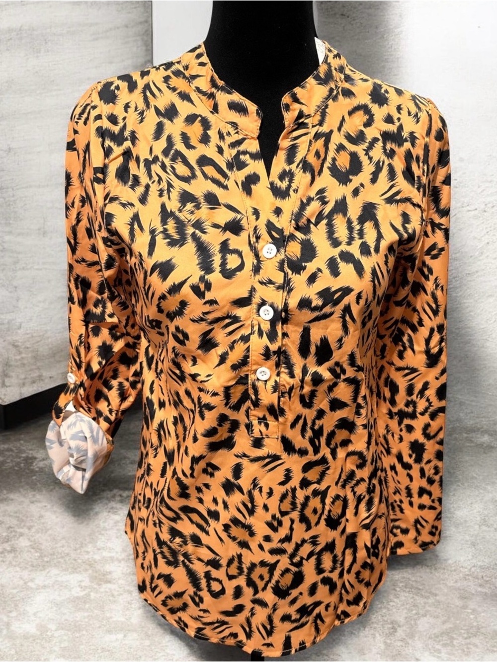 Women’s Orange Animal-Print Button-Front Blouse